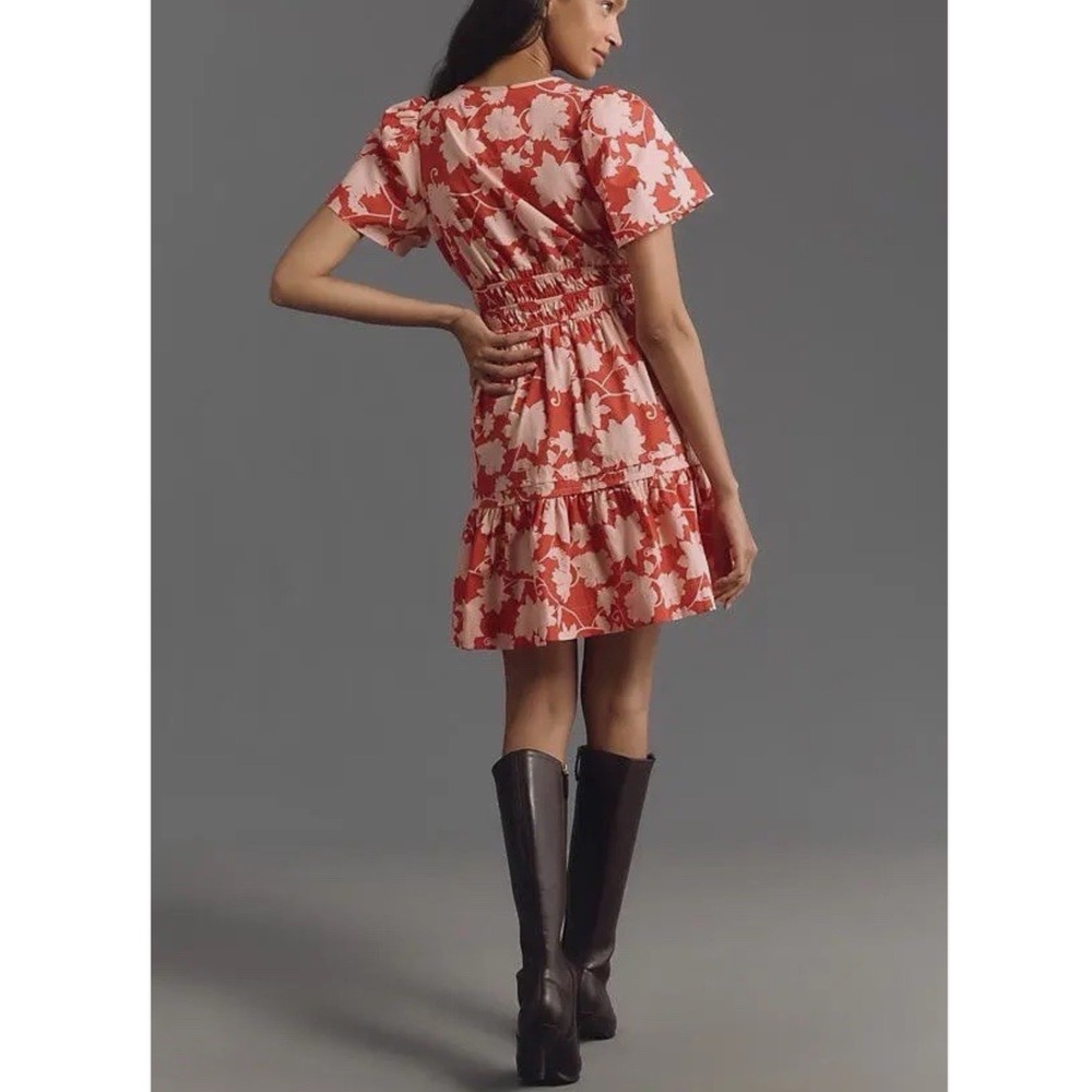 ANTHROPOLOGIE Somerset Mini Dress Womens Red Peach All Over Print Floral Size LP - Picture 2 of 11